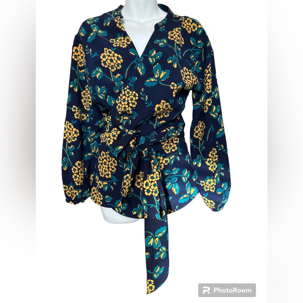 J. Crew Floral Wrap Top M Tall Navy Long Sleeve Tie Waist Blouse